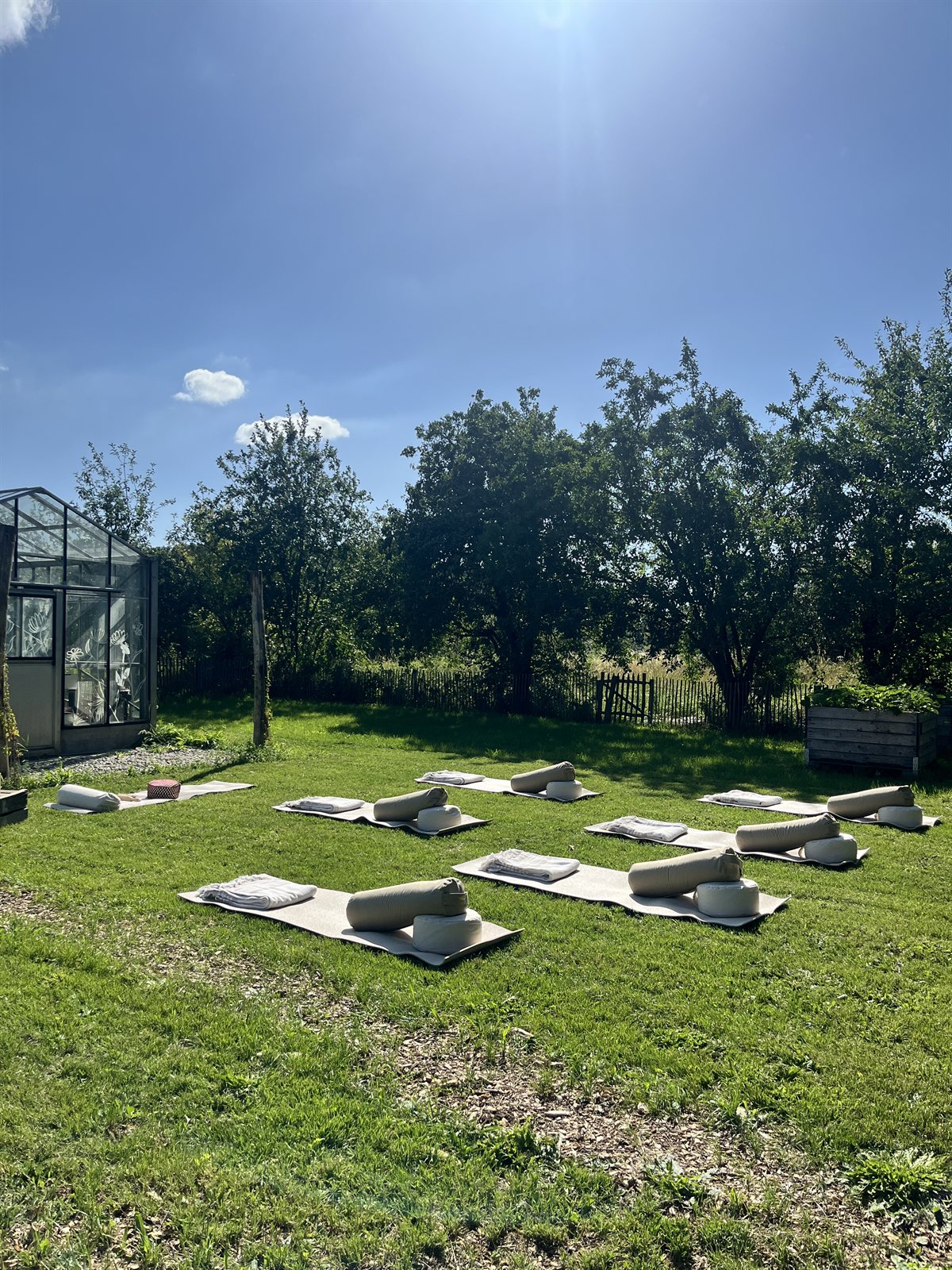 Yogamatten met kussens in de tuin onder de bomen